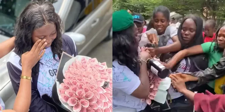 “You dey flaunt cash in front of hungry people” — Reactions as crowd steals money bouquet from new graduate
