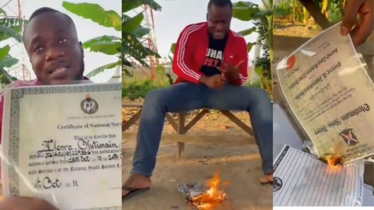Nigerian graduate burns his university, NYSC, other certificates (Video)