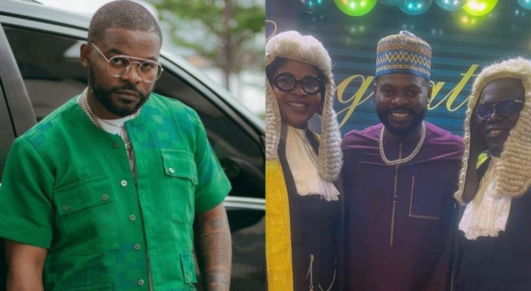 “Wahala for who go dey drag case with him” – Fans react as Falz eulogize his parents following his mother’s new title as SAN