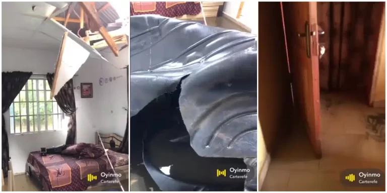 “Thank God for life” – Nigerian man celebrates after escaping death, shares video as water tank crashes into his bedroom, floods the entire apartment