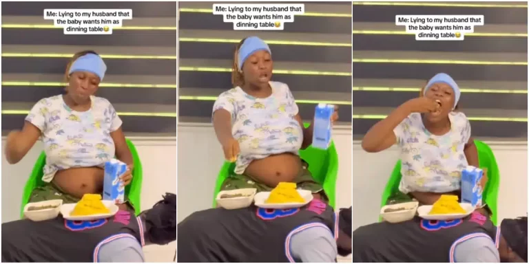 “Imagine if your mother-in-law walked in” – Pregnant lady causes buzz as she turns her husband into a dining table