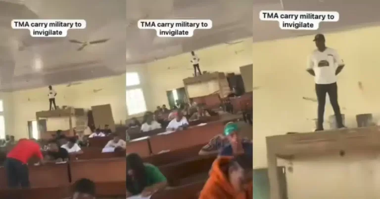 “We go still do expo, if you like dey fly round” – Invigilator stir reactions as he mounts very high table to monitor students writing exams (Video)