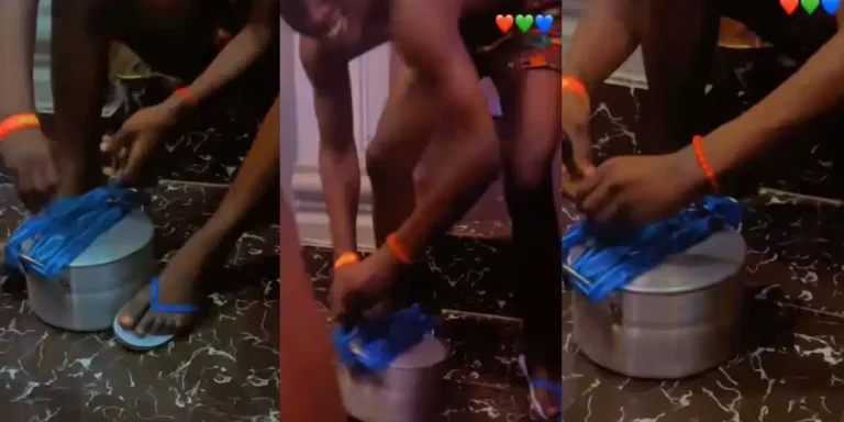 “E tough for everywhere” – Nigerian man causes stir as he locks pot of rice with padlock and chains