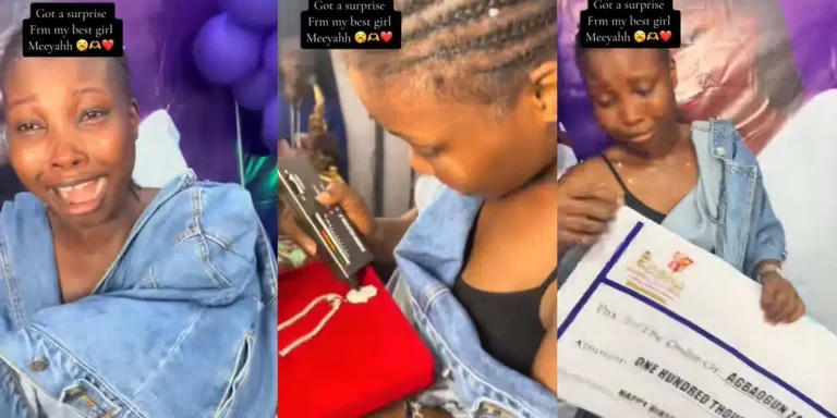 “‎I can do this but I no Dey get the energy back” – Tears as best friend surprises lady with ₦100k cheque, money bouquet, silver necklace, others on birthday (Video)