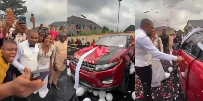 “I tap the blessings Lord” – Groom stirs reaction as he surprises his beautiful bride with brand new Range Rover (Video)