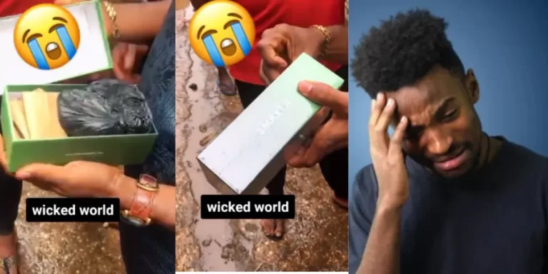 Nigerian man in pain as he unboxes brand new phone only to find rubbish inside it (Video)