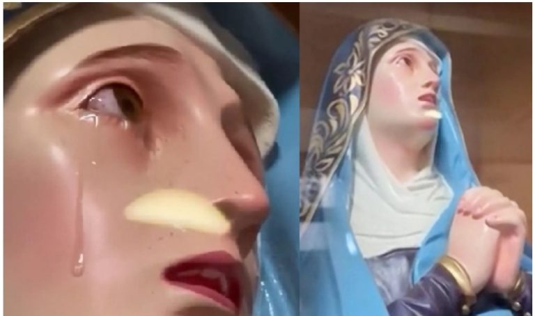 Real life “miracle” witnessed as statue of Virgin Mary is filmed “crying” with eyes turning “red”