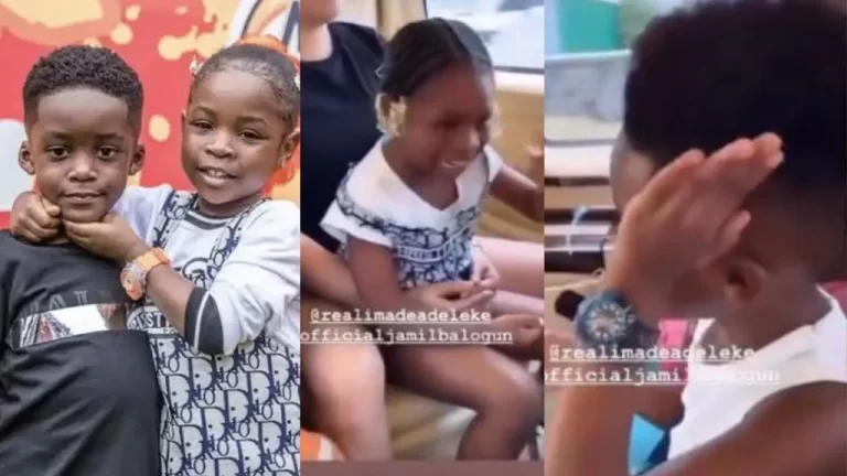 ”I love you” – Video trends as Tiwa Savage’s son Jamil and Davido’s daughter Imade engage in a heated argument (Watch)