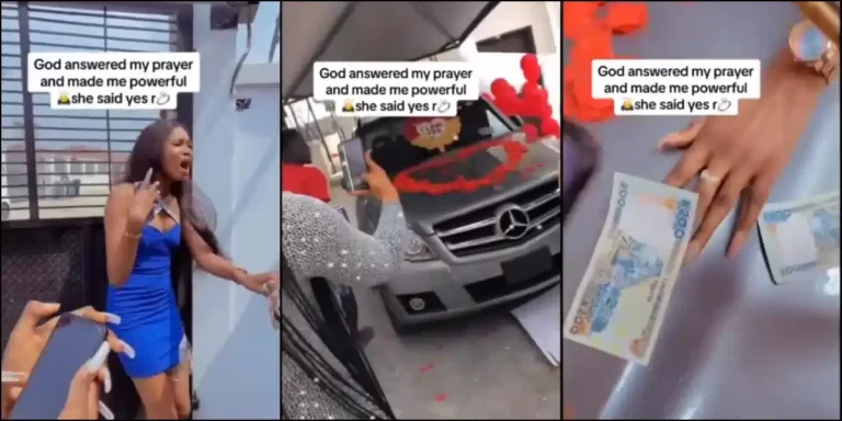 ”The Lord answered my prayers” – Lady jumps for joy as boyfriend proposes to her, surprises her with her dream Benz as engagement gift (Video)