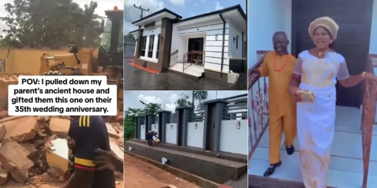 “It can only be God” – Man destroys parent’s old house, gifts them palatial mansion on their 35th wedding anniversary (Video)
