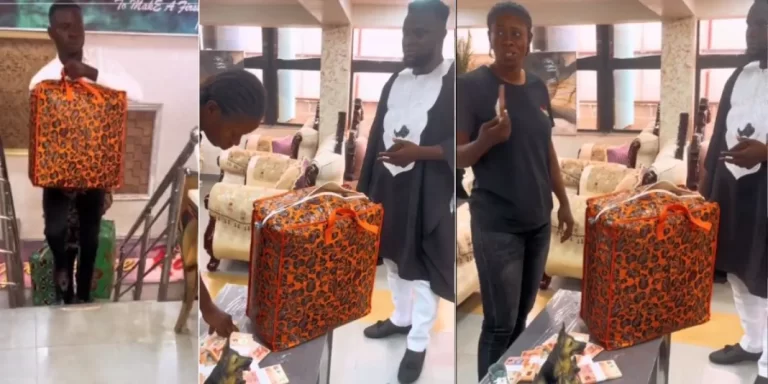 “Counting this is punishment” – Video trends as man buys furniture with 4 Ghana must go bags filled with N5 and N10 notes (Watch)