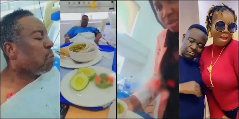 “Why are they stressing Mr Ibu, they have turned our legend to a national clown” – Reactions as Mr Ibu’s wife shares video of herself feeding him in hospital