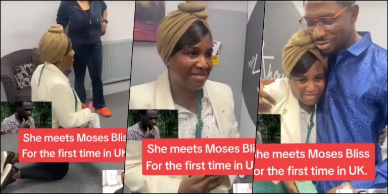 Video of lady kneeling, shedding tears after meeting Moses Bliss for first time in UK pops up (Video)