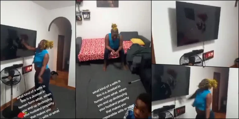 “Some men are going through things” – Moment wife uses remote to smash and ruin husband’s plasma TV screen