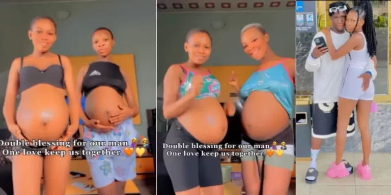 “One love keeps us together” – 2 young ladies who get pregnant for same man show off big baby bumps (Video)