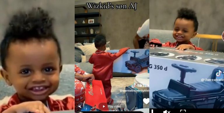 Wizkid’s son AJ excitedly receives Mercedes-Benz G 350 toy car (Video)