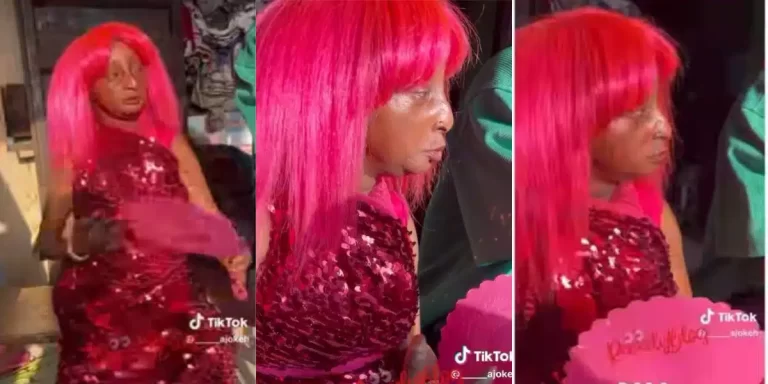 “Ikorodu Barbie looking like DJ Cuppy” – Fans roll out in laughter after Aunty Ramota storms out with pink hair