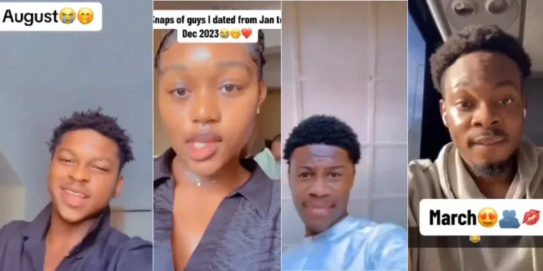 Beautiful lady shows off 12 Nigerian men she dated from January to December, causes stir (Video)
