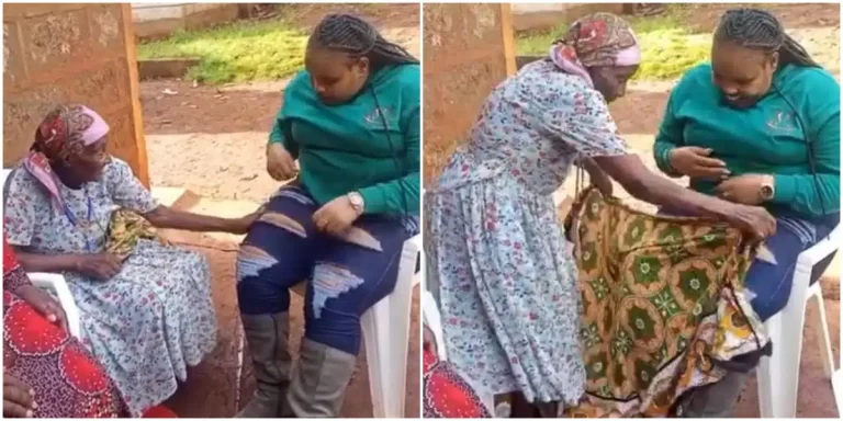 Photos of elderly woman covering lady’s ripped jeans with wrapper stirs reactions online