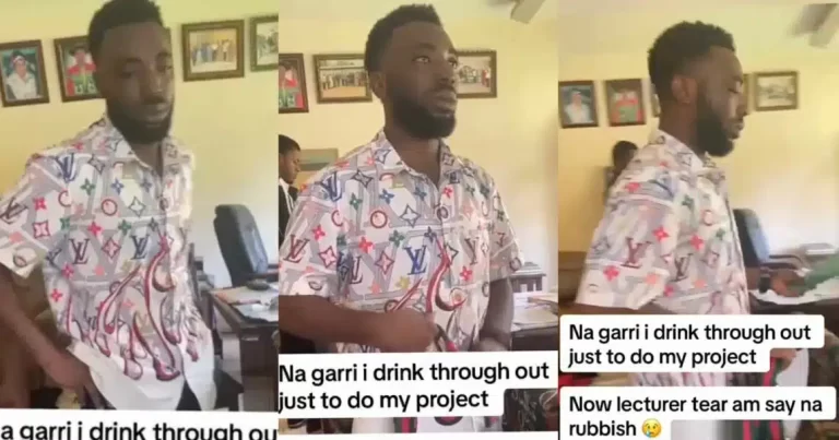 “Na garri I drink throughout just to do this project” – Young man cries out as lecturer tears his thesis