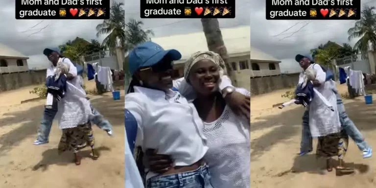 “‎I cried while watching this, so emotional” – Lady’s emotional hug with parents melts hearts online as she becomes family’s first graduate (Video)