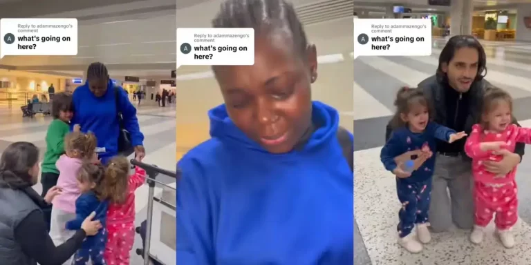 “So emotional” – Caucasian man and his four kids burst into tears as nanny set to travel back to her country for a holiday
