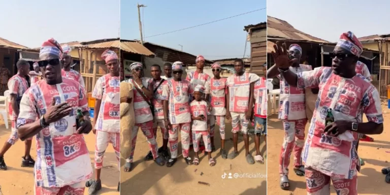 “People wey normal for this country no reach 10” – Man says as he uses Dangote cement bags to make dress after buying 1 plot of land (Video)