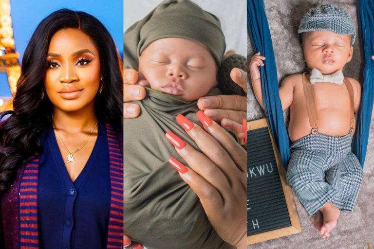 “Meet our son” – Uche Ogbodo gushes over newborn son as she finally unveils him to the world, reveals his name