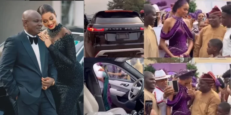 Mitchel Ihezue hugs her stepsons, knees down to thank her husband as they gift her brand new Range Rover Velar on wedding day (video)