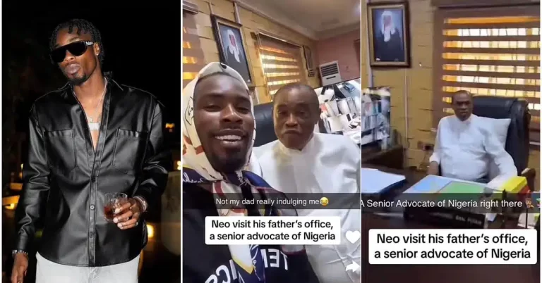 “I remembered neo saying on live tv that he used to sell Mama Put in calabar” – Neo Akpofure visits father, a SAN, at his office, video stirs reactions