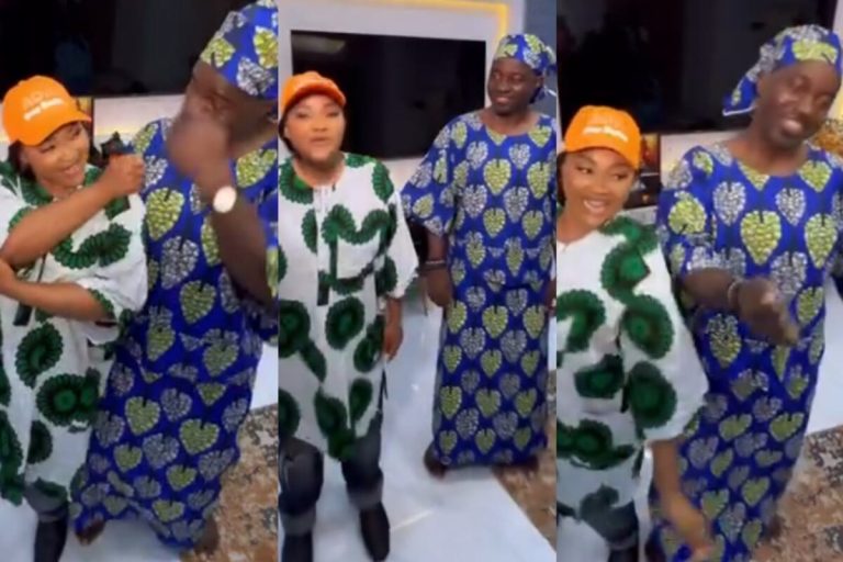 Netizens crown Mercy Aigbe’s husband, Kazim Adeoti ‘Husband of the Year’ as he dresses up as a woman to promote her new project (Video)