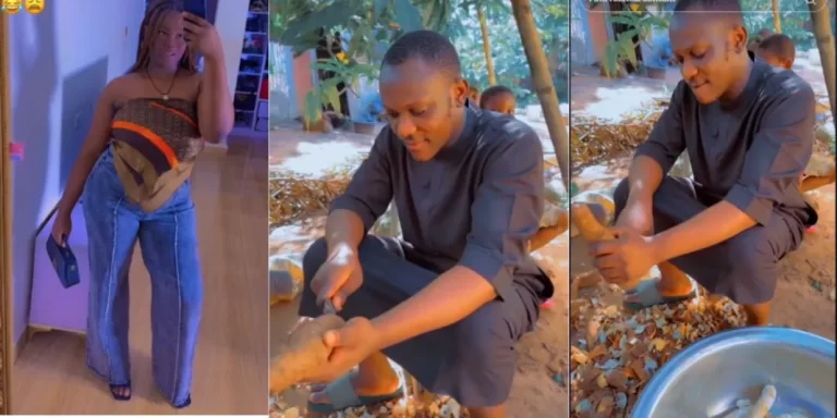 Video trends as Nigerian man ends up peeling cassava at his girlfriend’s family house during visit to see her parents (Watch)