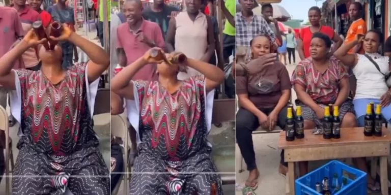 “This one na Jackie chan the drunken master” – Nigerian woman finishes 3 bottles of alcohol in less than 1 minute, wins N10k (Video)