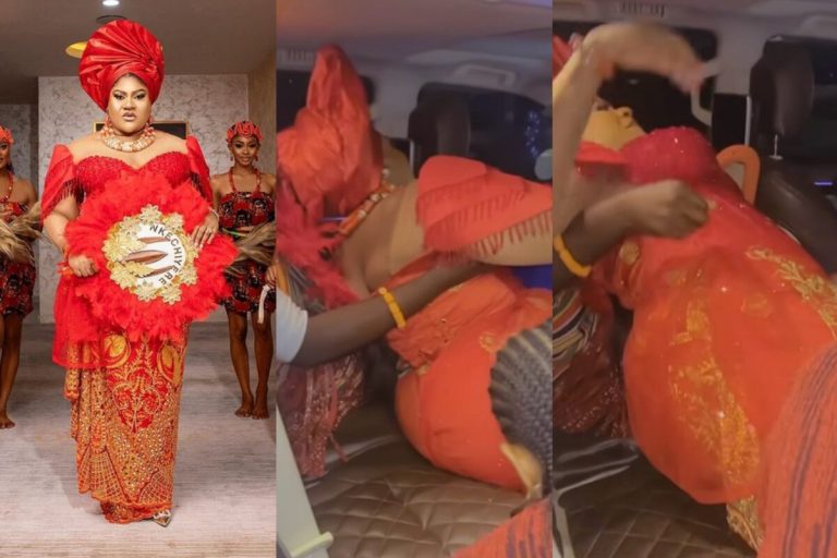 Nkechi Blessing causes commotion as she struggles to get into a car in a tight-fitted dress (Video)