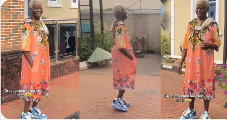 “Pablo mama don come back from UK” — Reactions as old woman stylishly steps out in gown and sneakers