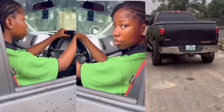 “So she can drive” – Fans react to new video of 13-year-old Emmanuella in school sportswear driving truck (Watch)