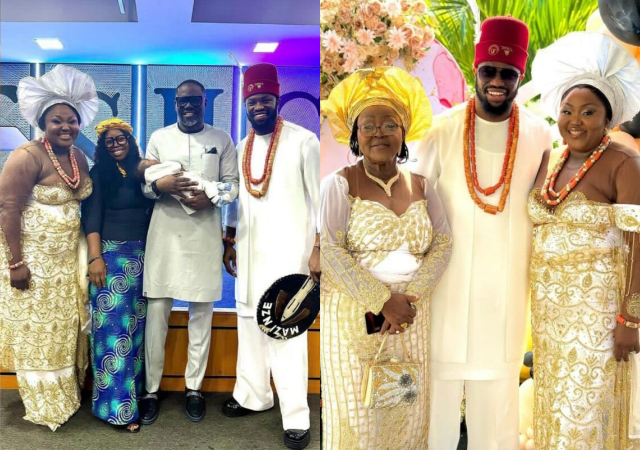 Stan Nze and wife, Blessing Obasi take their newborn son, Jayden to church for dedication