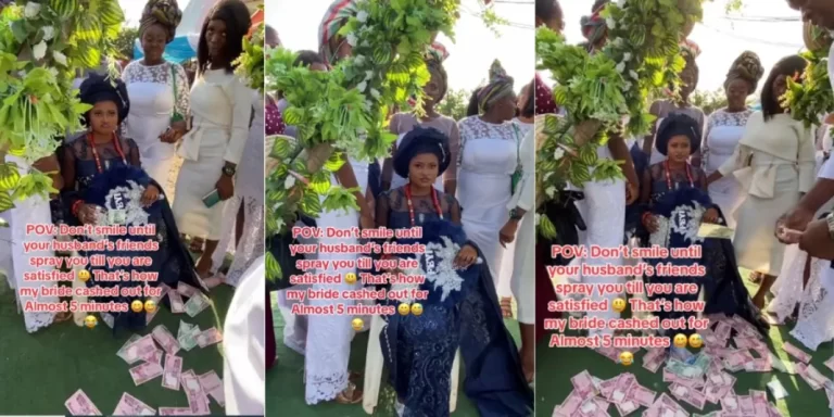 “If I laugh that day, change my name” – Bride frowns, smiles after groom and friends shower her with cash on wedding day (Video)