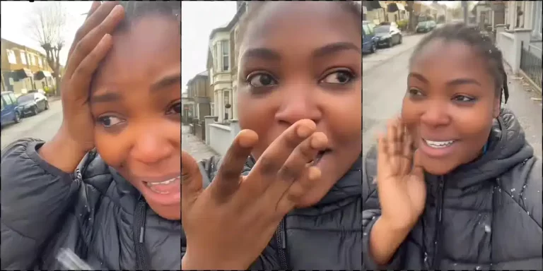 “Officially I’m in the abroad” – Nigerian lady overjoyed as she sees snow for the first time
