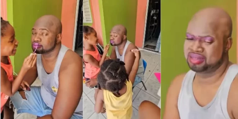 “Best dad, what a happy home” – Cute video emerges as 2 little daughters apply make up on their father’s face (Watch)