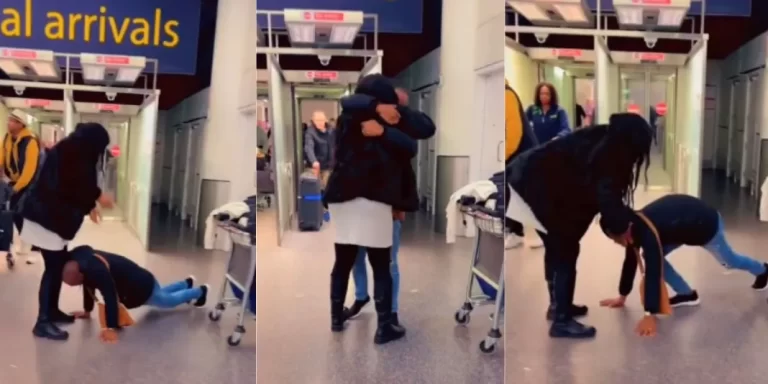 Adorable moment man prostrates for elder sister at airport after she relocated him to UK (Video)