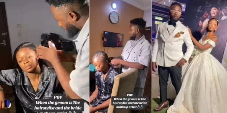 “He just save more than N300k” – Reactions as groom installs bride’s wig on their wedding day (Video)