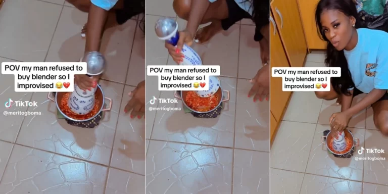 “Oga don vex tire” – Nigerian lady surprises boyfriend after he refuses to buy blender, uses his Azul bottle to grind pepper (Video)