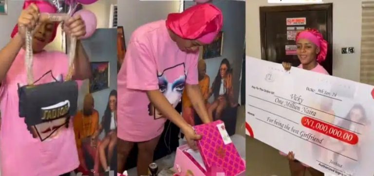 “I tap from it” – Beautiful lady sparks jealousy with ₦1m cheque, cake, shoes, bags gift from boyfriend on birthday