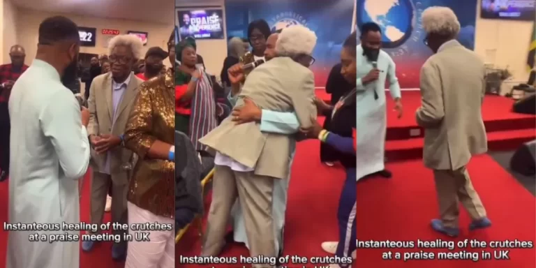 “He has finally accepted his calling” – Video trends as Woli Arole healed an old man walking with crutches at a church in the UK (Watch)