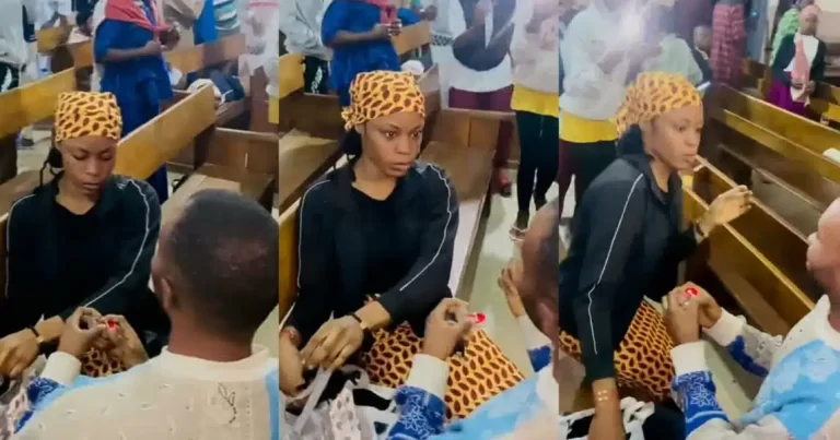 Congratulations pour as lady’s reaction trends after her man proposes during crossover at church (Video)