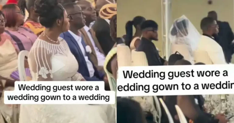 “No gree for anybody” – Drama as wedding guest wears wedding gown to a couple’s wedding