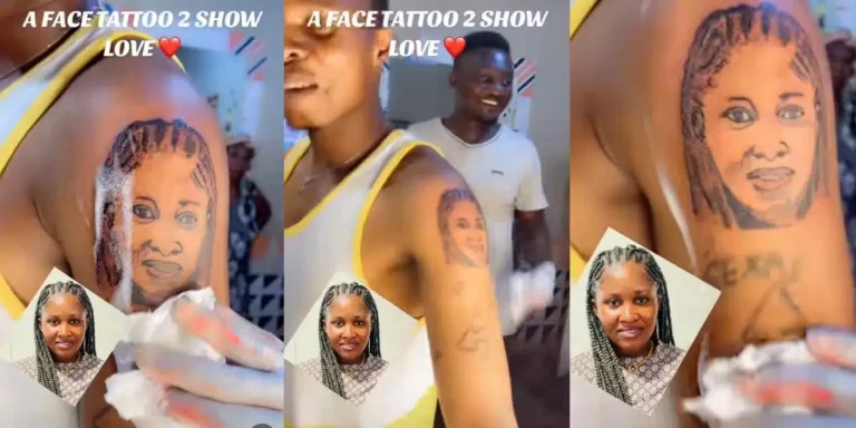 “When she break your heart now ,your eye go clear” – Reactions as Nigerian man tattoos wife’s picture on his arm