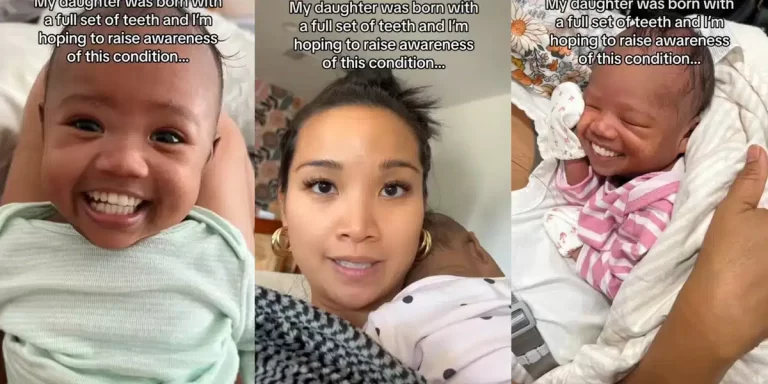 ”My daughter was born with a full set of teeth” – Mother breaks the internet with video of newborn daughter with a complete set of teeth (Watch)