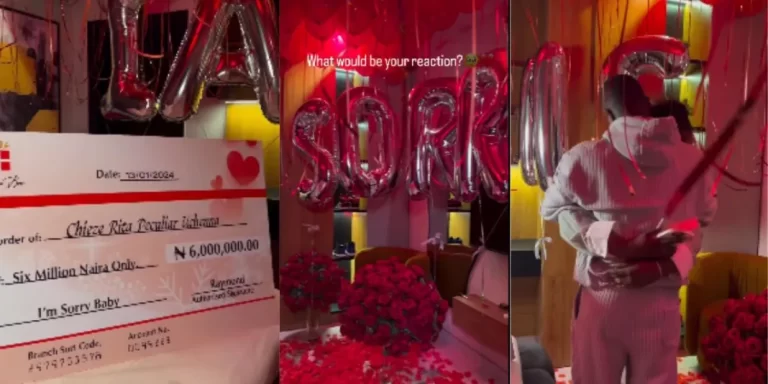 “I’m sorry baby” – Man stirs reaction as he apologizes to girlfriend with N6 million, other gift items (Video)